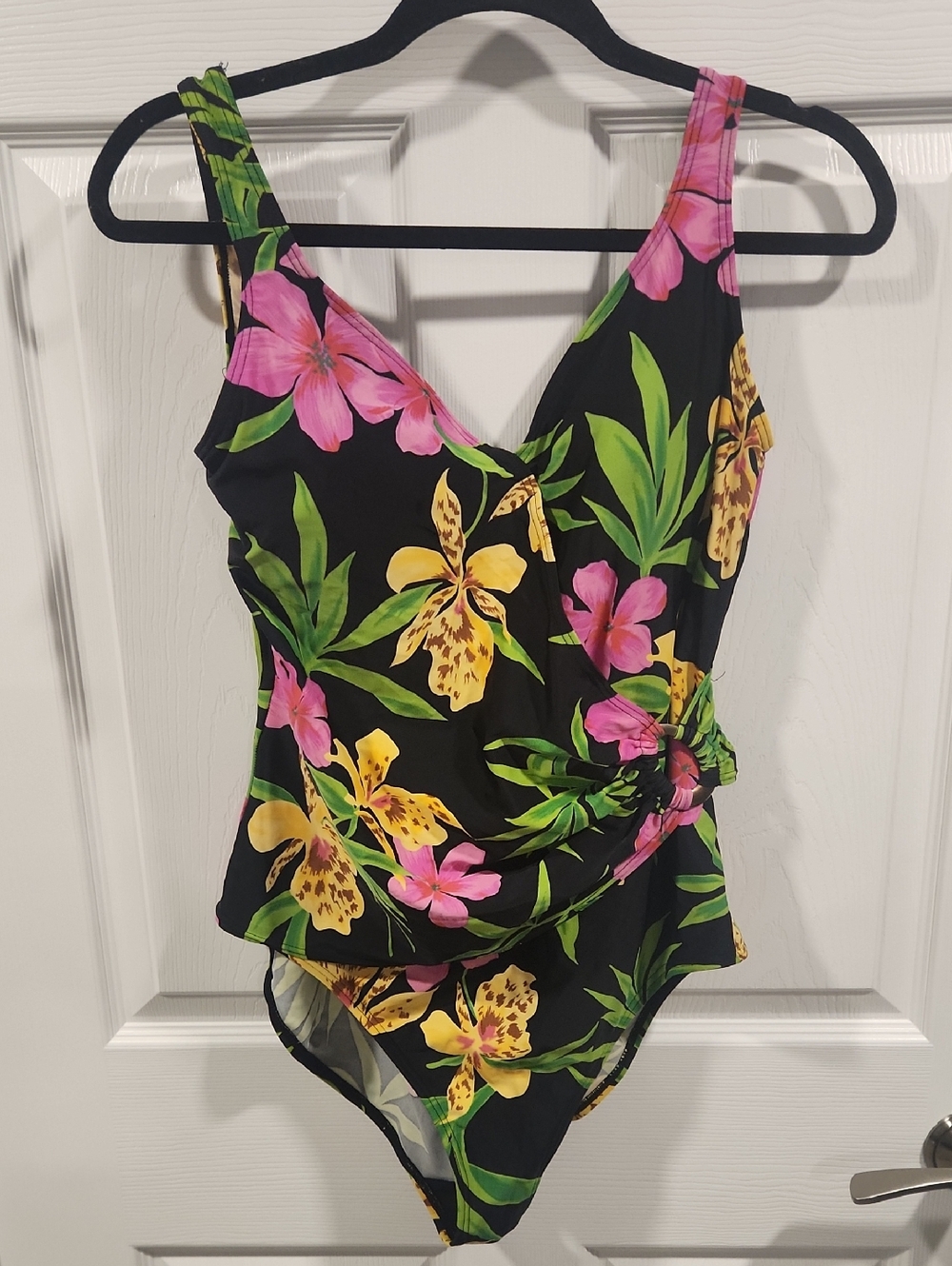 Tropical Floral One-Piece Swimsuit - Black with Pink & Yellow Flowers